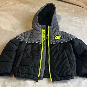 Nike Kids Black and Gray Puffer Jacket with Neon Accents